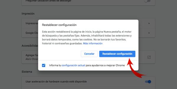 luego haz clic en “Restablecer configuración"