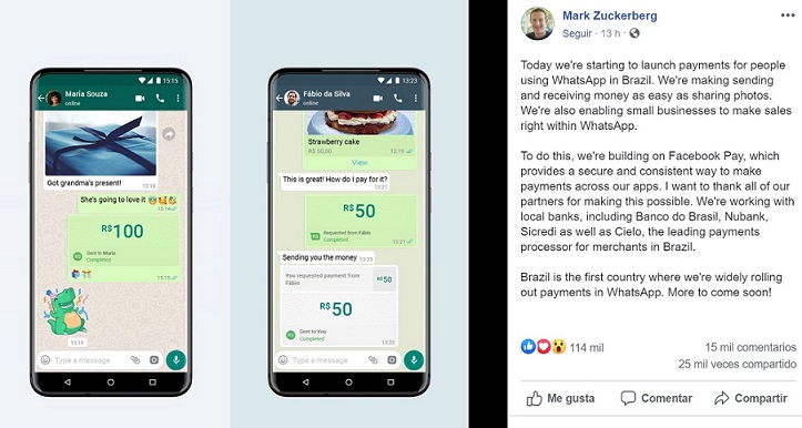 Facebook habilita transferencias de dinero vía P2P a través de WhatsApp 2