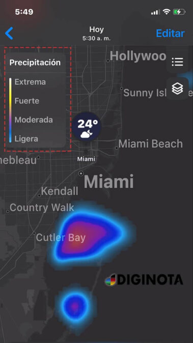 Y podrás ver un pronóstico continuo de lluvia a medida que se mueve a su alrededor.